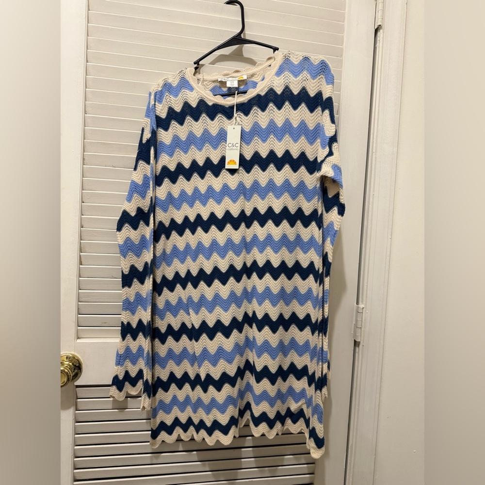 C&C California Blue and Ivory Bell Sleeve Crochet Mini Dress NWT